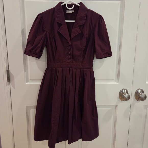 Burgundy Poplin Button Front Dress - Picture 1 of 4